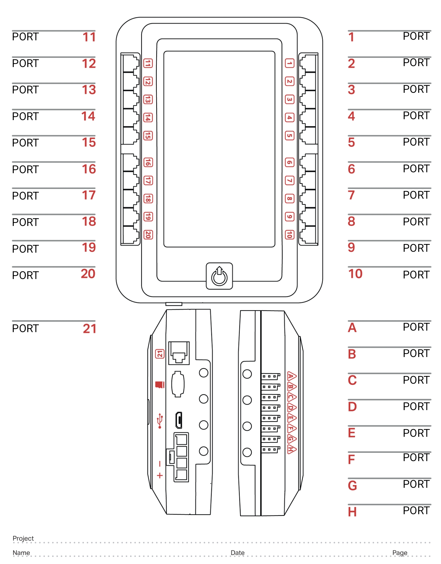 VEX V5 Brain port layout — front view showing Smart Ports 1–10 (right side) and 11–20 (left side), bottom view showing Port 21 (radio), micro-USB, battery connector, and three-wire analog ports A–H